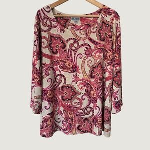 JM Collection Woman Pink Paisley Tunic Top 3/4 Sleeve Plus Size 2X boho Casual